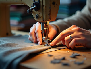 Close up of a tailor's hands meticulously guiding fabric under the needle of a vintage sewing machine, emphasizing craftsmanship.