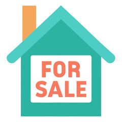 Stylized teal house icon with coral for sale sign and orange chimney