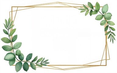 Watercolor wedding set. Set of card with leaves and golden geometric frame. Design with forest green leaves, eucalyptus, fern. Floral Trendy templates for banner, flyer, poster, greeting. eps10