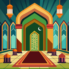 Vibrant islamic mosque interior with geometric patterns and crescent moon symbol © Austin