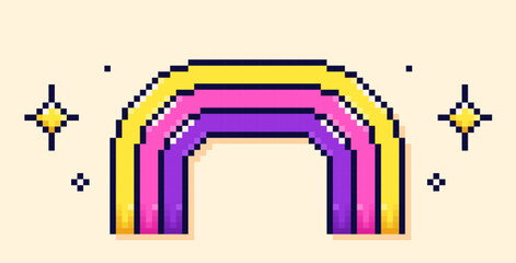 Pixel Y2K festive rainbow and bright stars around.