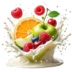 Delicious assortment of fresh fruits splashing into creamy liquid for refreshing beverage isolated on transparent background