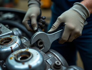 Close up of a mechanic's gloved hands using a wrench to tighten a bolt on a detailed engine part.