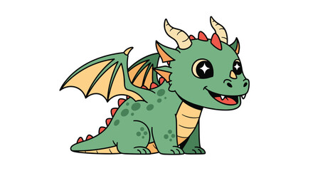 A cute green baby dragon with yellow wings is smiling widely with its mouth open and starry eyes.
