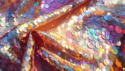 Colorful iridescent sequin fabric shimmering in the light.