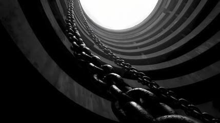 A captivating upward perspective of a chain winding through a circular architectural space, towards a source of light