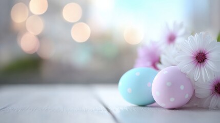 Colorful Easter eggs in pastel blue and pink rest beside fresh spring flowers on a rustic wooden table. Soft, blurred lights create a cheerful atmosphere for spring festivities