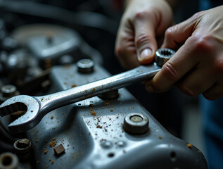 Close up of a mechanic's hands adjusting a chrome wrench on a rusted, dirty engine cover.