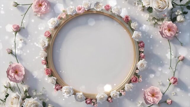 Elegant floral frame adorned with white and pink roses perfect for wedding invitations and event designs.