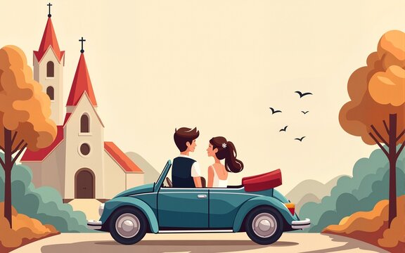 Set of wedding cards, Invitation, save the date template. Newlywed couple is driving a convertible, after Church ceremony image. Vector. High quality