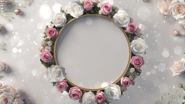 Elegant floral frame with pink and white roses against a soft sparkling background