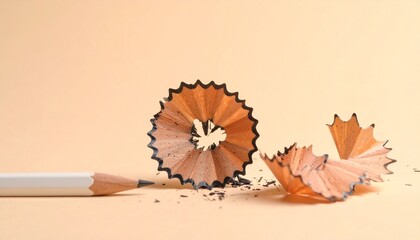 White wooden pencil with sharpener shavings and graphite dust on a beige background.