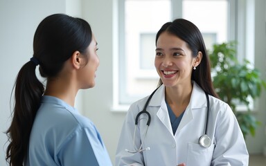 Vertical shot of young happy cheerful Indian medical worker therapist in white doctor's robe having appointment consulting older female patient in modern clinic hospital. Medical healthcare concept.