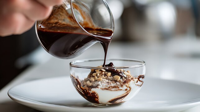 Pouring chocolate over the cooked Kamer dessert