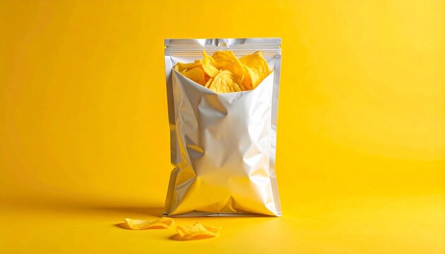 A shiny silver foil bag filled with potato chips snack food stands on a vibrant yellow background.