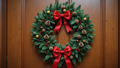 Elegant Christmas wreath with red ribbons and pinecones, hanging on a wooden door background