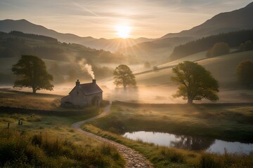 Smoke from the chimney of a village house against the backdrop of a golden sunrise on a foggy morning