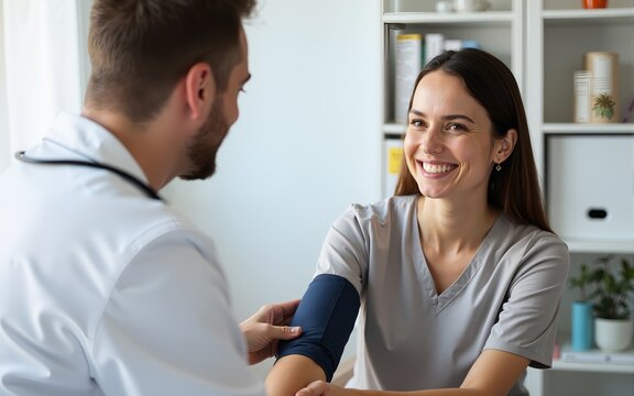 Doctor measuring blood pressure to a smiling woman. High quality
