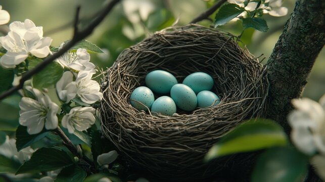 A nest of three blue eggs sits among the leaves and white blossoms of a tree. AI. - Powered by Adobe