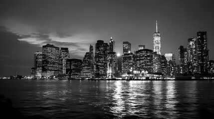 Fototapeta premium A mesmerizing black and white shot of a city skyline at dusk, with the lights of the buildings reflected in the calm water. The composition highlights the urban landscape's grandeur and serenity