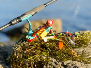 Carbon spinning rod, lying on dry grass near a lake or river with a colored reel and silicone baits. Catching walleye on a jig head and a pull-off leash. Fishing on the banks of a river or lake. 