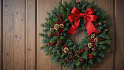 Elegant Christmas wreath with red ribbons and pinecones, hanging on a wooden door background