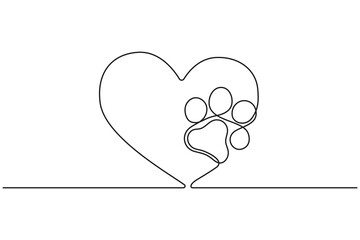 Cute pet paw outline with heart shape in continuous line drawing © Moshiur