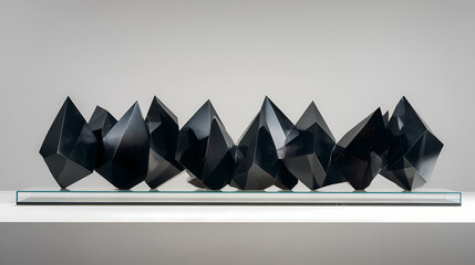 An abstract black crystal sculpture displayed on a shelf, symbolizing the beauty of geometric forms and modern art