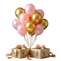 Elegant golden and pink balloons floating above gift boxes for celebrations isolated on transparent background
