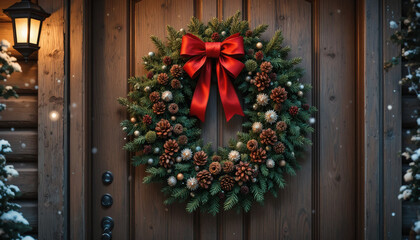 Elegant Christmas wreath with red ribbons and pinecones, hanging on a wooden door background