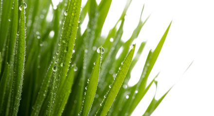 Closeup of green grass blades with water droplets, isolated on transparent background