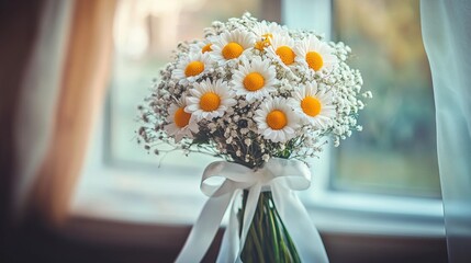 A bouquet of daisies and baby's breath is tied with a white ribbon, set against a blurred window backdrop. AI.