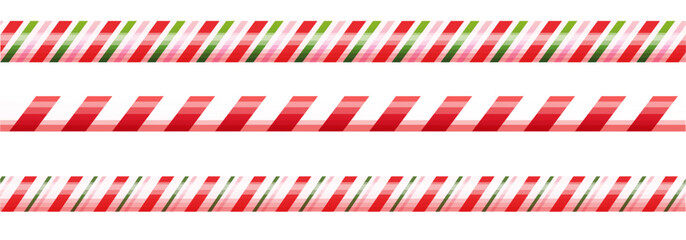 Candy cane border christmas decoration, holiday sweet seamless decor.Stripes green, red and pink color, thin and thick. Retro stick, lollipop, candycane. 