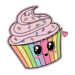 Cute Cupcake Sticker With Happy Smiling Face Vector Illustration