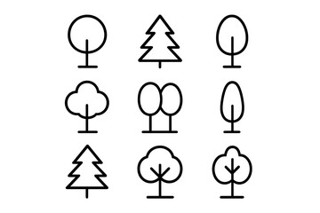 Variety of simple tree icons in different styles arranged in a grid pattern on a white background