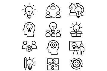 Creative icons representing teamwork, brainstorming, and problem-solving activities in a modern design layout