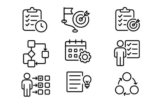 Icons representing project management tools, productivity methods, and organizational strategies for modern workflows