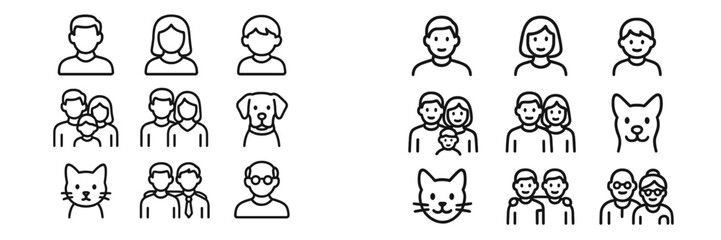 Outline of various people and animals in simple black and white icons representing diversity and family connections in everyday life