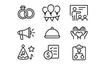 Creative icons representing wedding planning elements including rings, balloons, and event details for a celebration theme