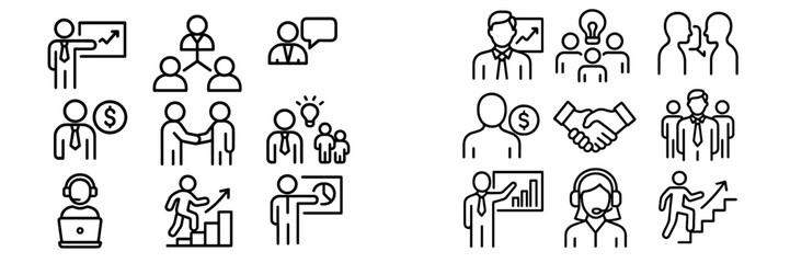 Business concepts including teamwork, leadership, and growth shown through simple line art illustrations in a modern style