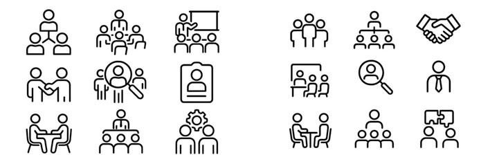Collection of simple line icons representing various business and networking concepts related to teamwork and collaboration
