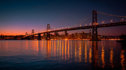 Fototapeta premium A stunning image of the San Francisco bridge at dusk, reflecting beautifully in the water
