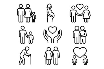 Collection of simple line icons representing family relationships, love, and support among different family members and stages of life