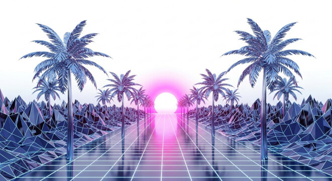 Synthwave palm trees landscape background with sunset and grid for retro futuristic design and wallpaper use