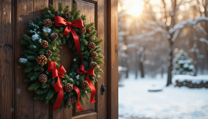 Elegant Christmas wreath with red ribbons and pinecones, hanging on a wooden door background