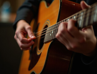 Musician's Hands Strumming Acoustic Guitar Strings with a Pick Near Sound Hole in Warm Low-Key Studio Lighting
