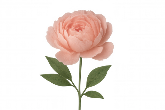Peach peony flower illustration with green leaves, delicate botanical bloom, transparent background element