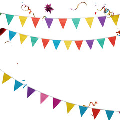 Colorful bunting flags stringing across a dark scene for festive celebration decorations isolated on transparent background
