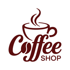Elegant dark red coffee cup logo with wisps of steam and the words coffee and shop positioned below presented cleanly isolated on a pure white background for versatile branding applications