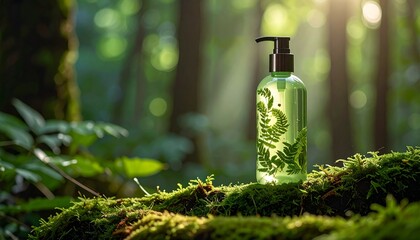 Natural herbal cosmetic bottle on moss in a sunlit green forest.